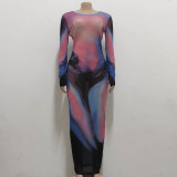 Nightclub, high elasticity, mesh, printed and dyed dress