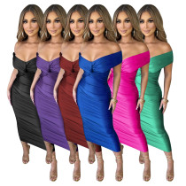 Solid, V-neck, pleated dress