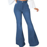 Splice, washed, denim stretch, fitted flare pants