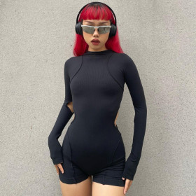 Solid color, long sleeve, hollow out, hip lifting exercise, yoga jumpsuit