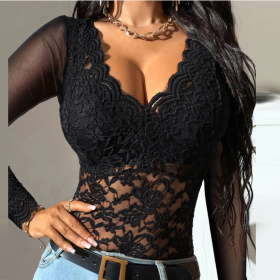 V-neck, lace, splicing long sleeve, top