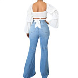 Splice, washed, denim stretch, fitted flare pants