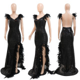 Feather, suspender, high split, sequin, dress, V-neck