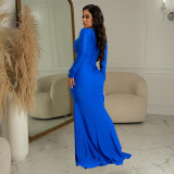 Solid color, V-neck, long sleeve, pleated dress