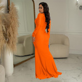 Solid color, V-neck, long sleeve, pleated dress