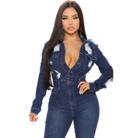 Casual, button on long sleeve, denim tattered jumpsuit