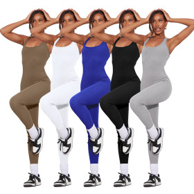 Sleeveless, backless, gathered waist, solid color, high waist tight sports yoga jumpsuit