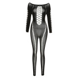 Perforated, hollowed out, low neck, sleeveless, high waist, long pants, tight jumpsuit