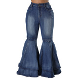 Versatile, wide leg, washed jeans, stretch flare pants