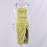 Sling dress, satin, high slit dress, strapless dress