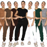 Solid color, round neck, short sleeves, trousers suit