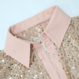 Square neck dress, sequins, buttons, short sleeve split