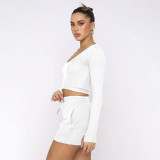 Solid color, U-neck long sleeve, shorts suit