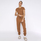 Solid color, round neck, short sleeves, trousers suit