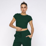 Solid color, round neck, short sleeves, trousers suit