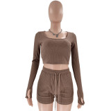Solid color, U-neck long sleeve, shorts suit