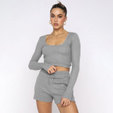 Solid color, U-neck long sleeve, shorts suit