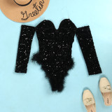 Slim fit, feathers, beads, jumpsuit