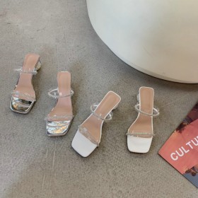 Pearl heel, straight strap, rhinestone, sandals