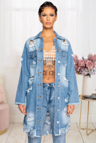 Broken hole, tassel, long sleeve, denim trench coat, coat