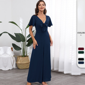 Bowknot, V-neck ruffle sleeves, wide relaxed, one-piece pants, chiffon wide leg pants