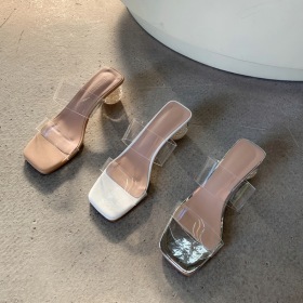 Pearl heel, medium heel, square head, transparent belt slippers