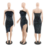 Irregular, bodice, dress, wool patch bead, high split skirt