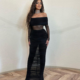 Perspective, mesh, splicing, long sleeve dress
