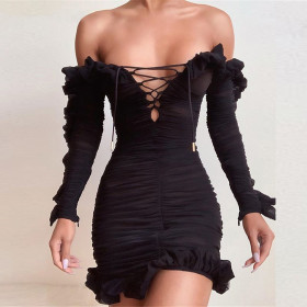 Skinny, ruffle, dress, mesh, strappy backless, pleated skirt