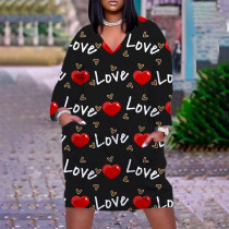 Valentine's Day, Love Print, Pullover, V-Neck Long Sleeve Dress