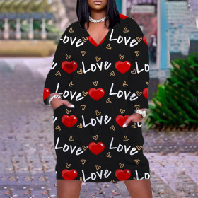 Valentine's Day, Love Print, Pullover, V-Neck Long Sleeve Dress