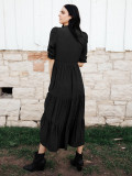 V-neck, tie cord, pleated ruffles, medium sleeve dress