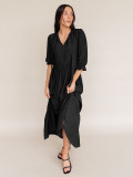 V-neck, tie cord, pleated ruffles, medium sleeve dress