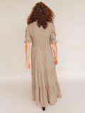 V-neck, tie cord, pleated ruffles, medium sleeve dress