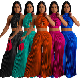 Neck hanging, backless, silk like, pleated wide leg pants, two-piece set
