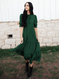 V-neck, tie cord, pleated ruffles, medium sleeve dress