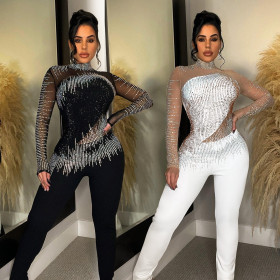Solid color, mesh, hot diamond, long-sleeved trousers, jumpsuit