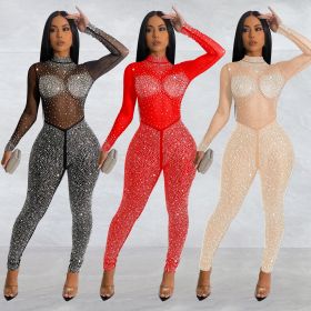 Solid color, mesh, hot diamond, long-sleeved trousers, jumpsuit