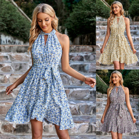 Fresh style, sleeveless printing, halter dress