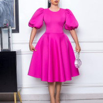 Round neck, temperament, bubble sleeve, waist waist large swing dress skirt