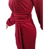 Solid color, hip wrap, temperament, round neck dress