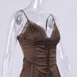Satin, lace, stitching, V-neck, lace-up backless dress