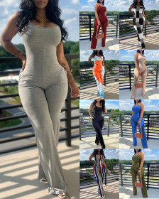 Printed, solid color, suspender jumpsuit