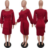 Solid color, hip wrap, temperament, round neck dress