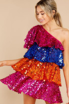 Sequins, off-shoulder, oblique shoulder, sleeveless stitching, contrast colors, cake dress skirt