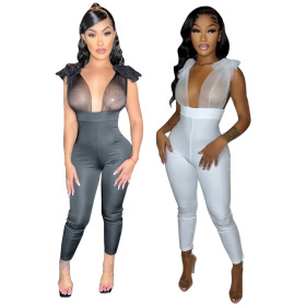 Tight, mesh, splicing, bandage, perspective jumpsuit