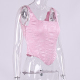 Fishbone corset, jacquard, satin, square collar, open back, tight-fitting suspender top