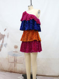 Sequins, off-shoulder, oblique shoulder, sleeveless stitching, contrast colors, cake dress skirt
