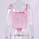 Fishbone corset, jacquard, satin, square collar, open back, tight-fitting suspender top