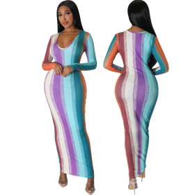 Digital printing, V-neck, long-sleeved women's dress